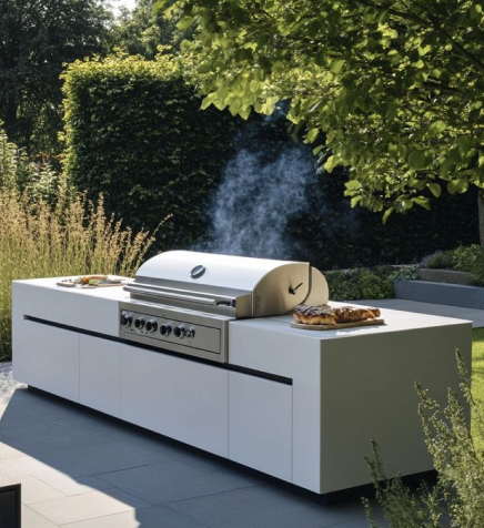 Modern outdoor kitchen with a grill and pizza on a sunny day