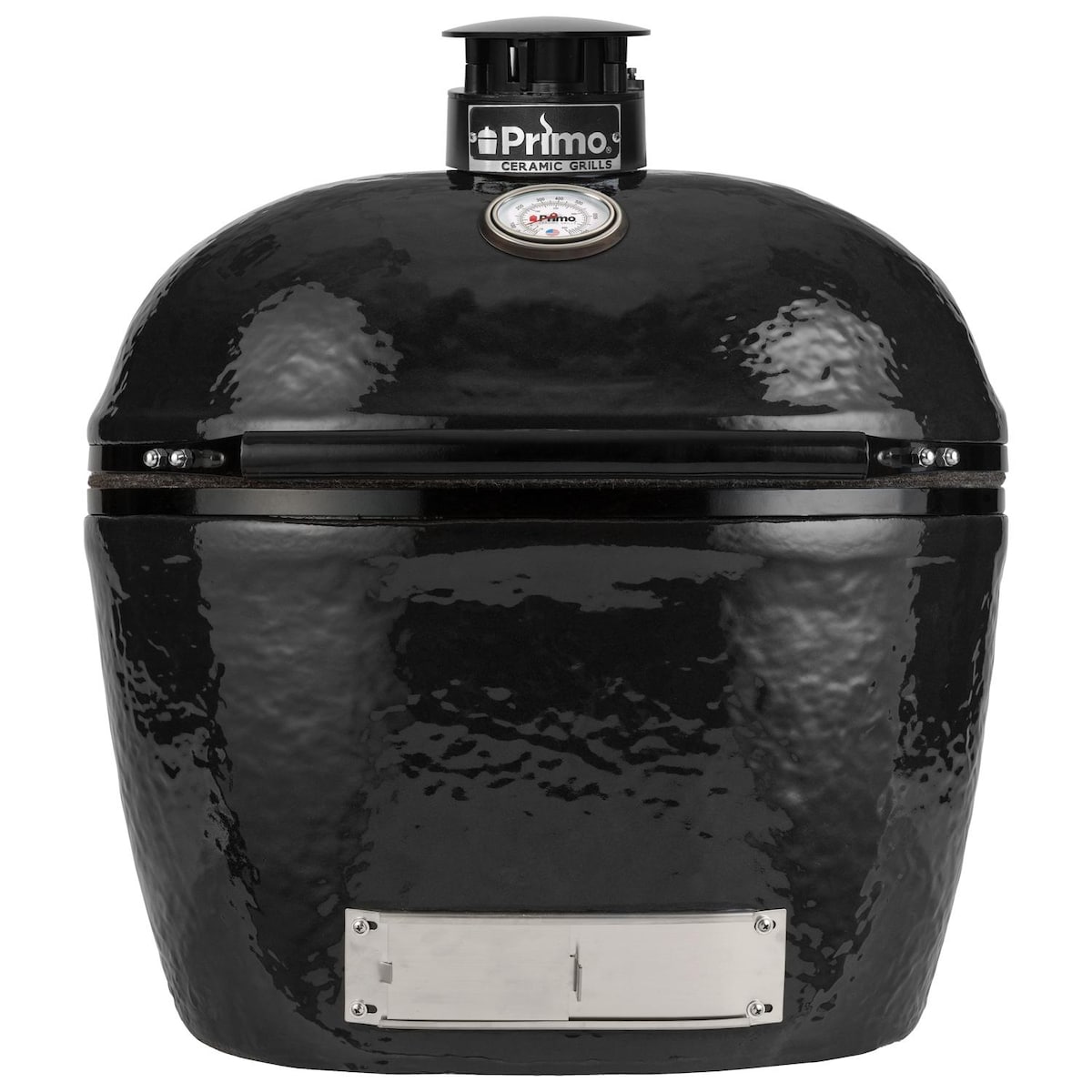 Primo Oval XL Ceramic Kamado Grill On Steel Cart With Side Shelves And Stainless Steel Grates
