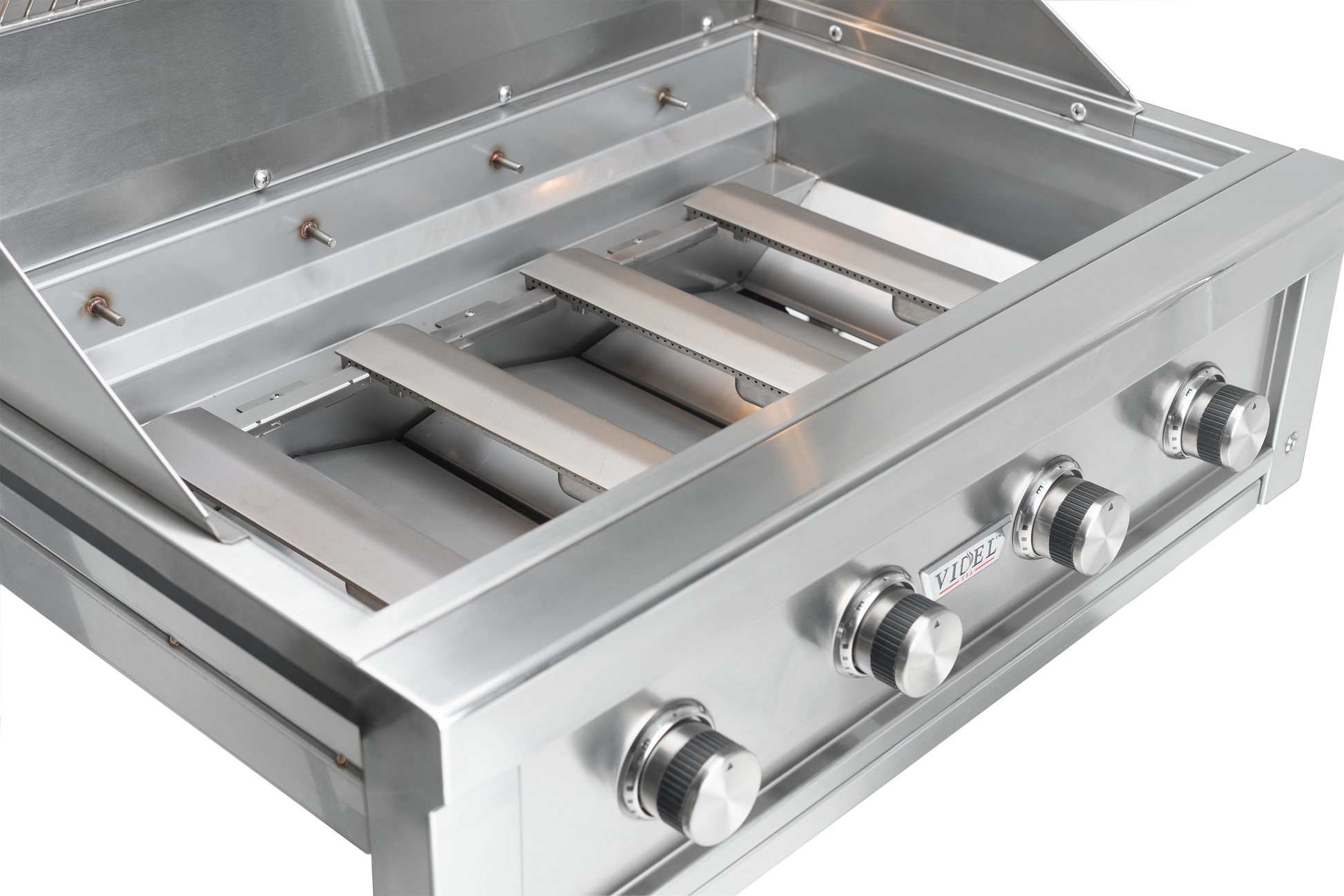 Videl 12-Ft Maestro L-Shaped Outdoor Kitchen Island with Gran Fuego 42-Inch 5-Burner Gas Grill, 30-Inch Gran Plancha Griddle, Double Side Burner, 4.5 Cu. Ft. Refrigerator and Sink