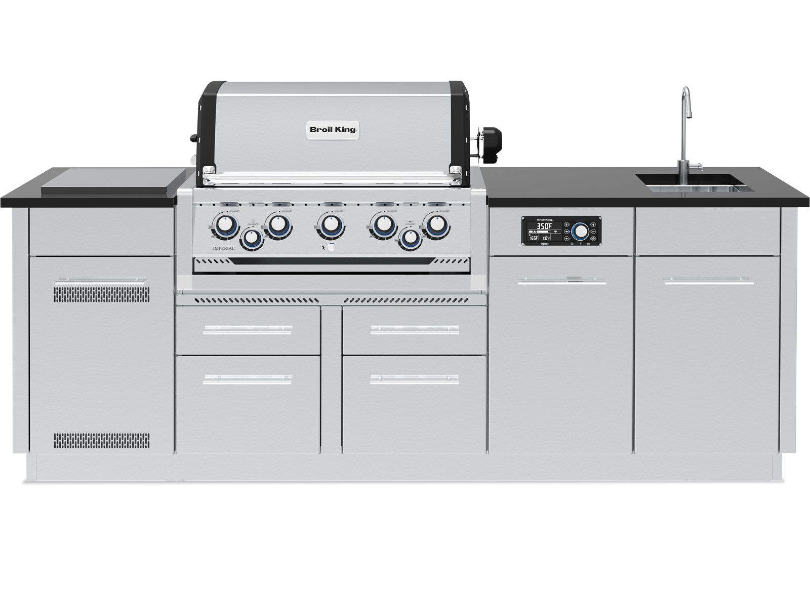 Broil King 8-Foot Outdoor Kitchen Island with Imperial QS 590i 5-Burner Gas Grill, Rotisserie, Side Burner, Sink & iQue™ Technology Control