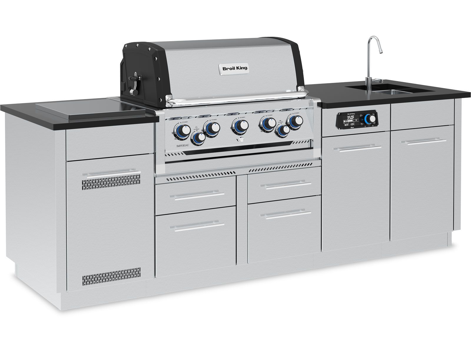 Broil King 8-Foot Outdoor Kitchen Island with Imperial QS 590i 5-Burner Gas Grill, Rotisserie, Side Burner, Sink & iQue™ Technology Control