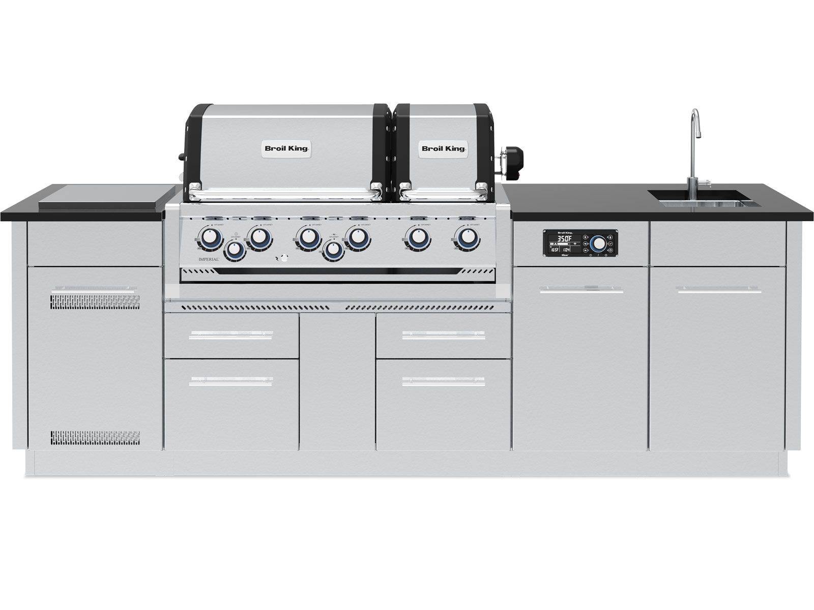 Broil King 8 1/2-Foot Outdoor Kitchen Island with Imperial QS 690i 6-Burner Gas Grill, Rotisserie, Side Burner, Sink & iQue™ Technology Control (Left Orientation)