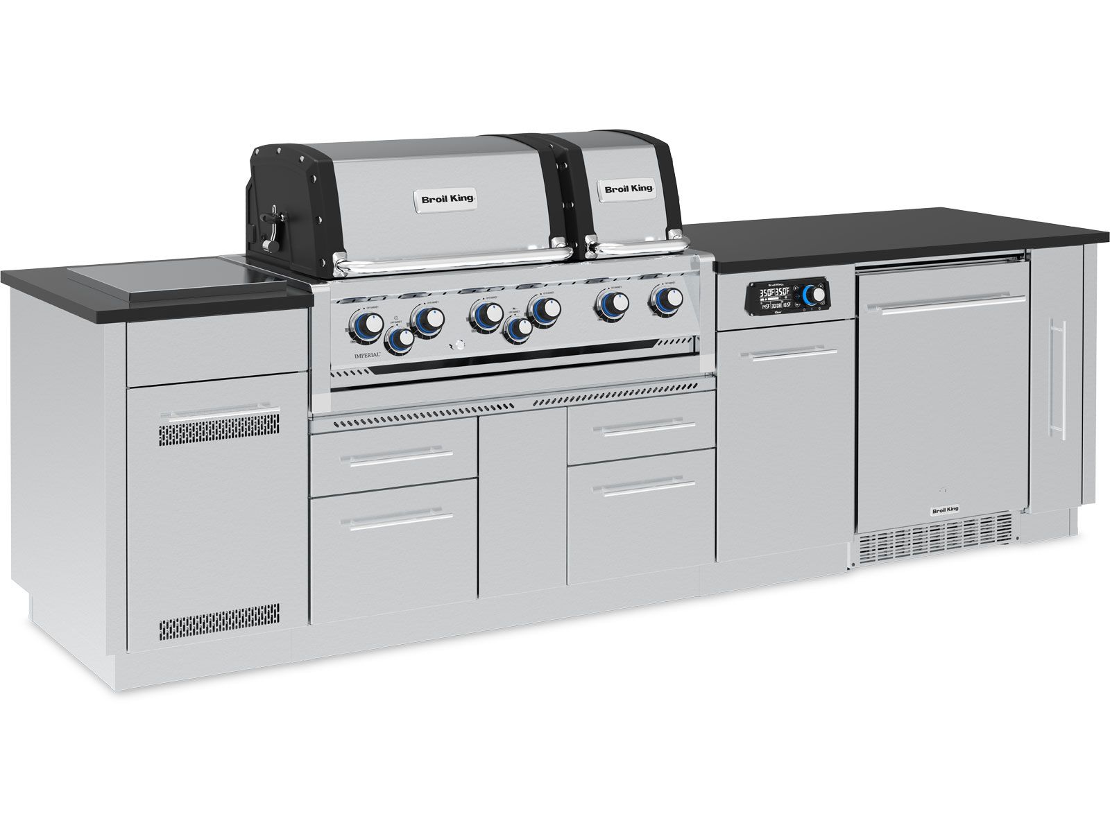 Broil King 9 3/4-Foot Outdoor Kitchen Island with Imperial QS 690i 6-Burner Gas Grill, Rotisserie, Side Burner, Refrigerator & iQue™ Technology Control