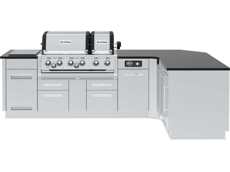 Broil King 118 x 70-Inch Outdoor Kitchen Island with Imperial QS 690i 6-Burner Gas Grill, Rotisserie, Side Burner, Refrigerator & iQue™ Technology Control