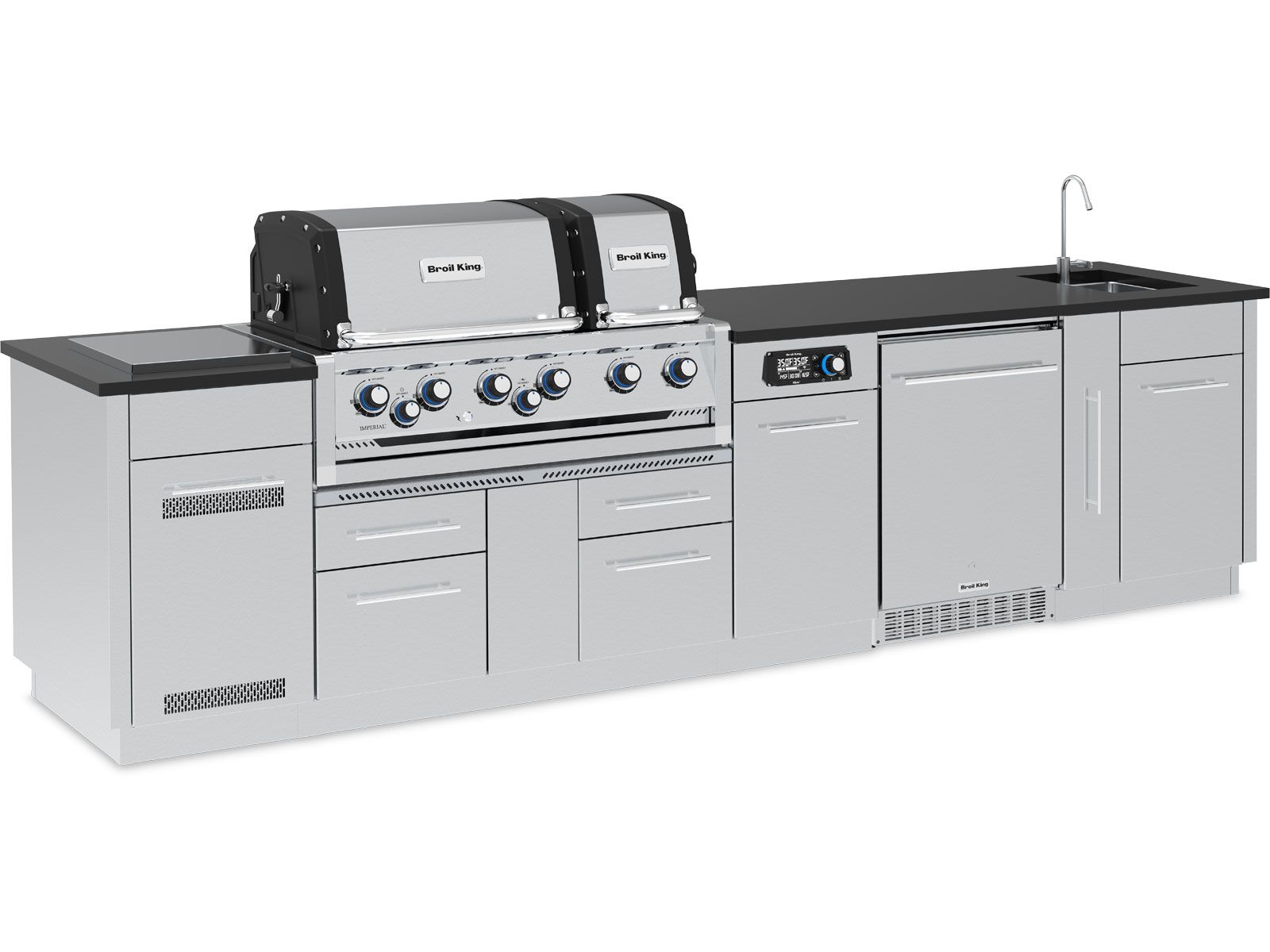 Broil King 11-Foot Outdoor Kitchen Island with Imperial QS 690i 6-Burner Gas Grill, Rotisserie, Side Burner, Sink, Refrigerator & iQue™ Technology Control