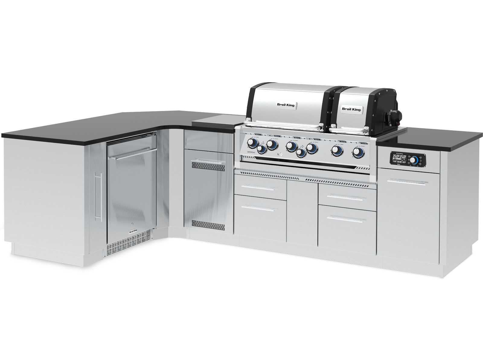 Broil King 70 x 118-Inch Outdoor Kitchen Island with Imperial QS 690i 6-Burner Gas Grill, Rotisserie, Side Burner, Refrigerator & iQue™ Technology Control