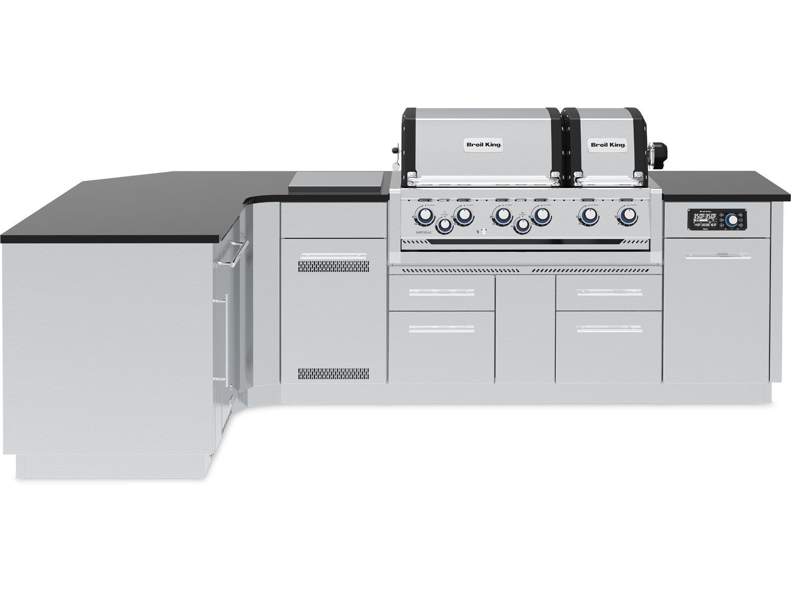 Broil King 70 x 118-Inch Outdoor Kitchen Island with Imperial QS 690i 6-Burner Gas Grill, Rotisserie, Side Burner, Refrigerator & iQue™ Technology Control