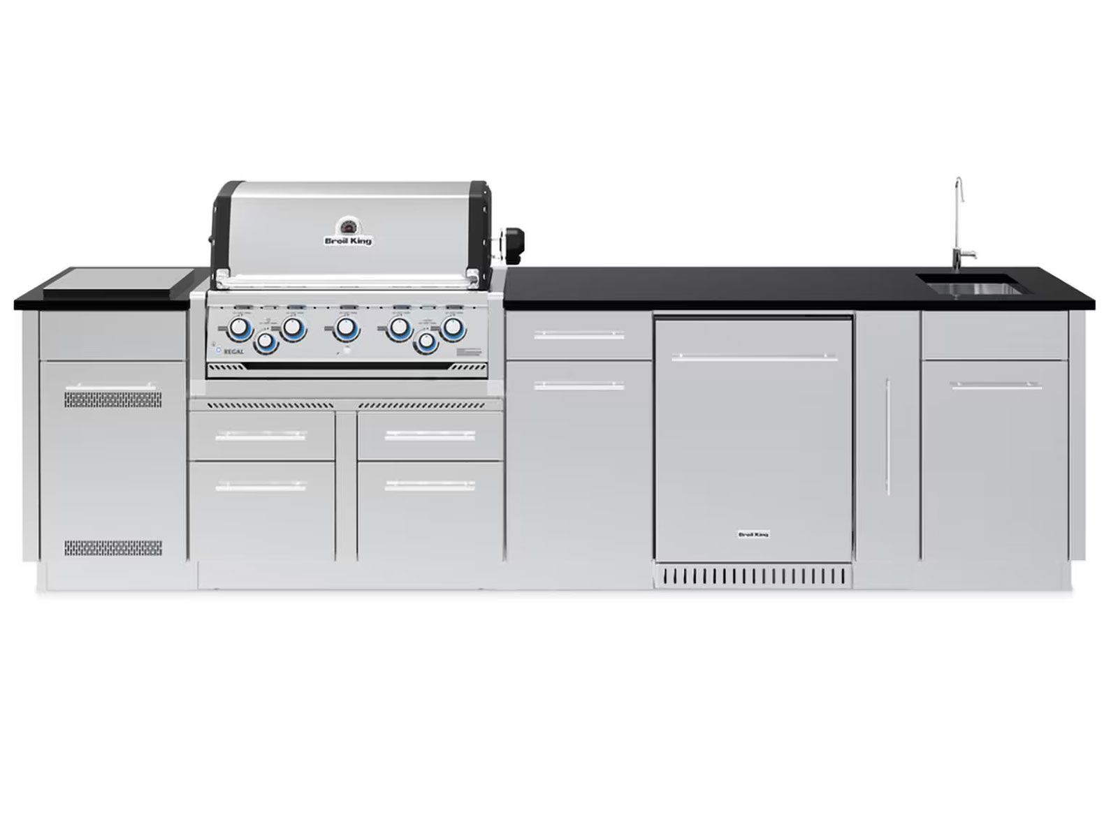 Broil King 10 1/2-Foot Outdoor Kitchen Island with Imperial S 590i 5-Burner Gas Grill, Rotisserie, Side Burner & Refrigerator (Left Orientation)