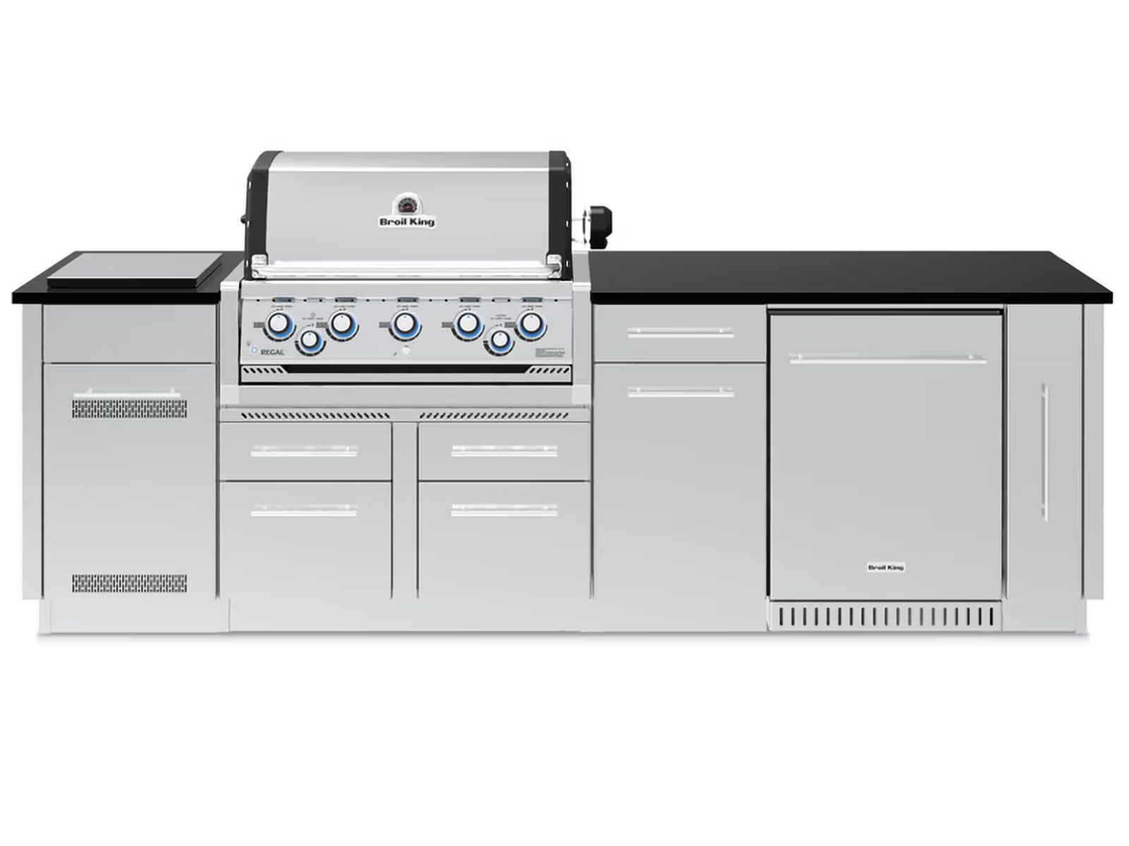 Broil King 9-Foot Outdoor Kitchen Island with Imperial S 590i 5-Burner Gas Grill, Rotisserie, Side Burner & Refrigerator