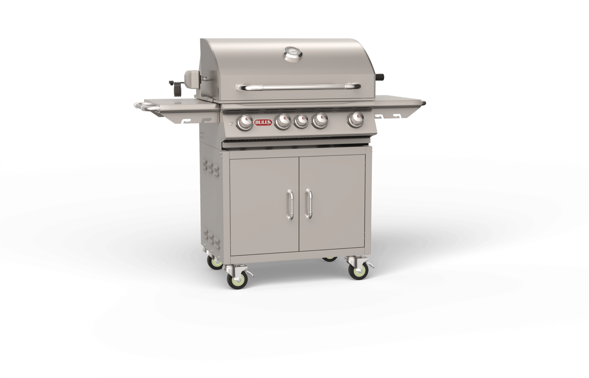 A 30-inch 4-burner stainless steel outdoor grill on a cart with a closed storage compartment and side shelves.