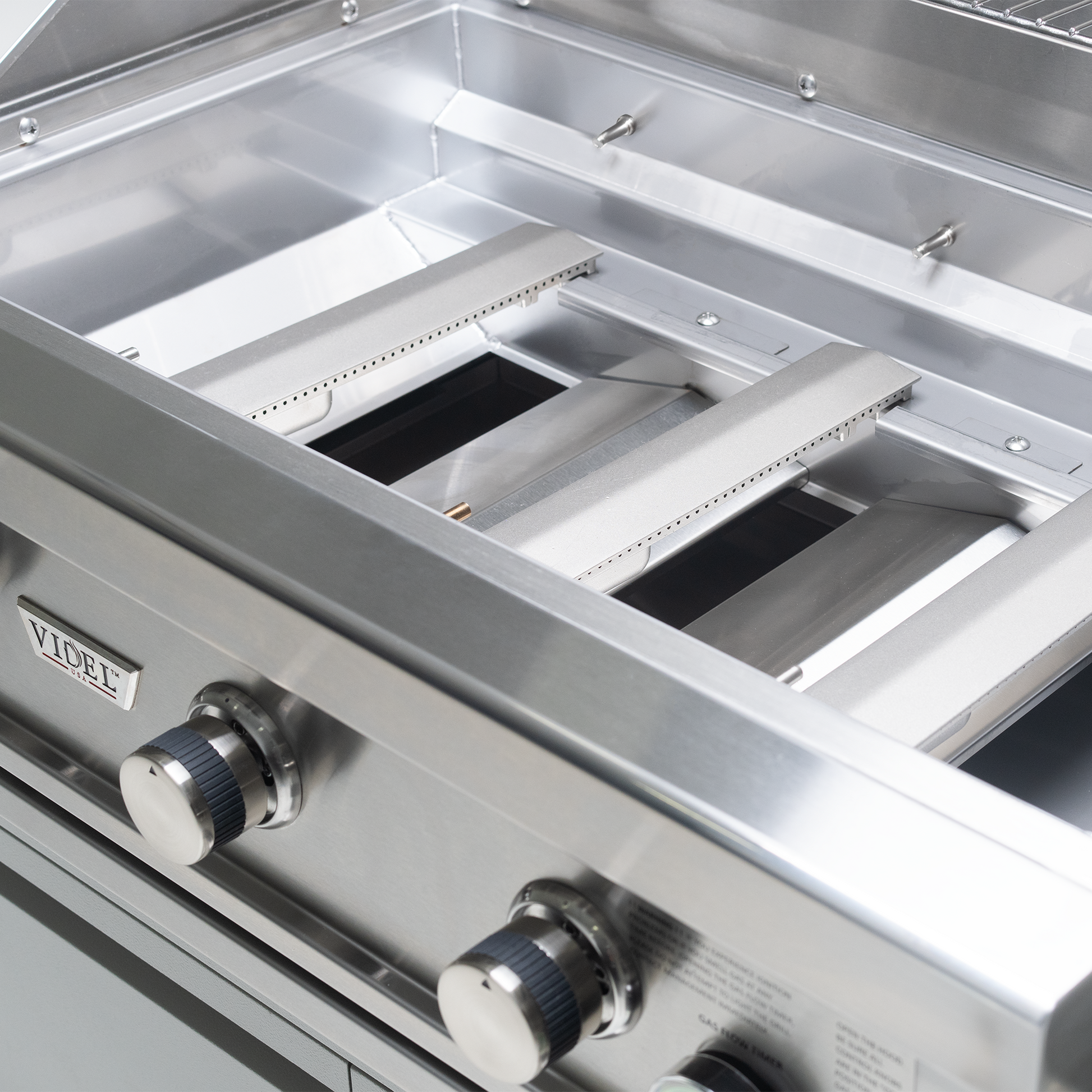 Videl 9 1/3-Ft Maestro L-Shaped Outdoor Kitchen Island with Gran Fuego 42-Inch 5-Burner Gas Grill, Double Side Burner, 4.5 Cu. Ft. Refrigerator, Sink and LED & Outdoor Audio System