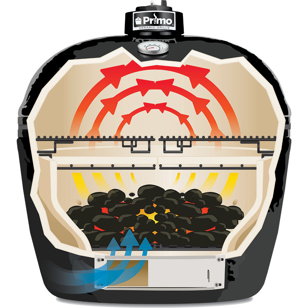 Primo Oval XL 400 Ceramic Kamado Grill On Curved Cypress Table (PGCXLH+PG00600)