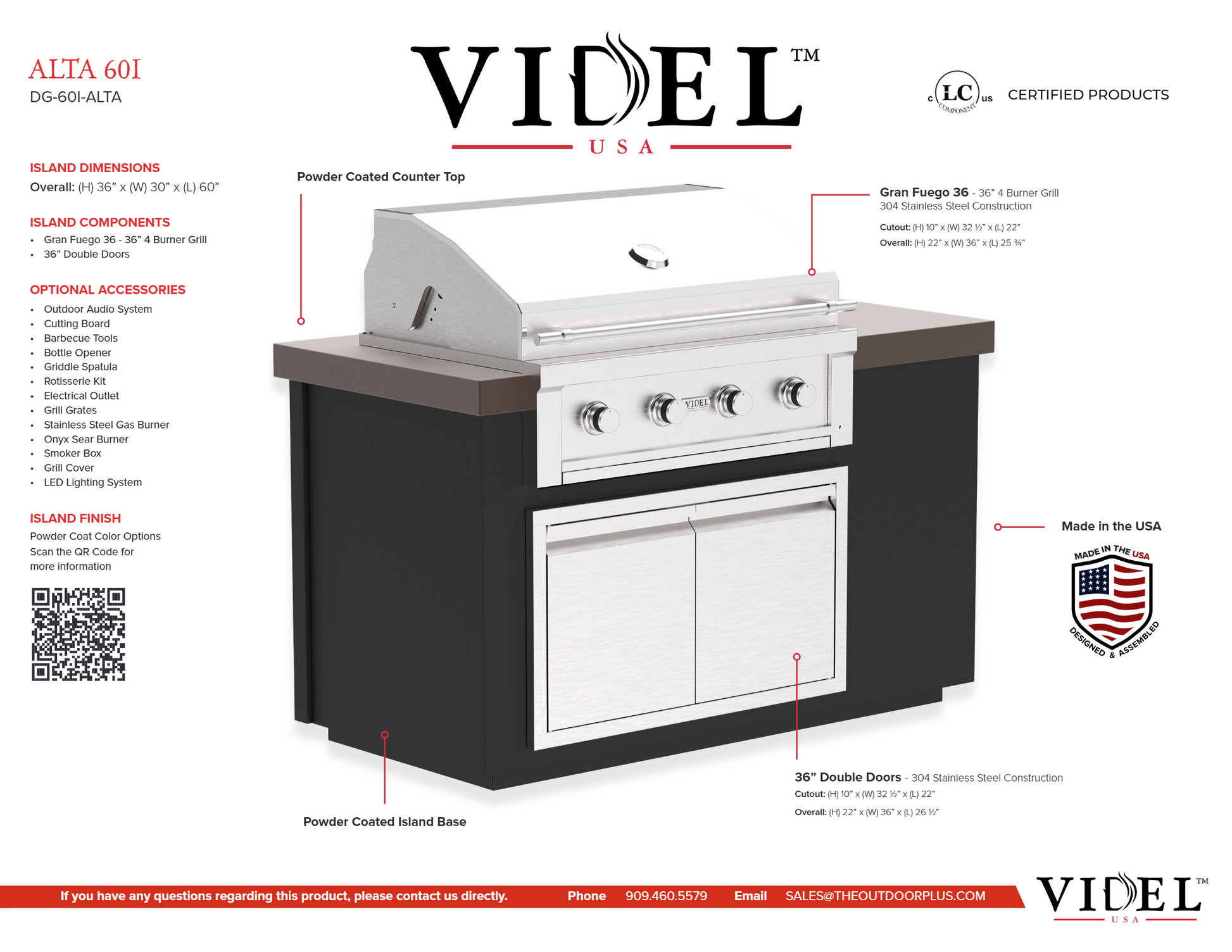 Videl 5-Ft Alta Outdoor Kitchen Island with Gran Fuego 36-Inch 4-Burner Gas Grill and Doble Doors