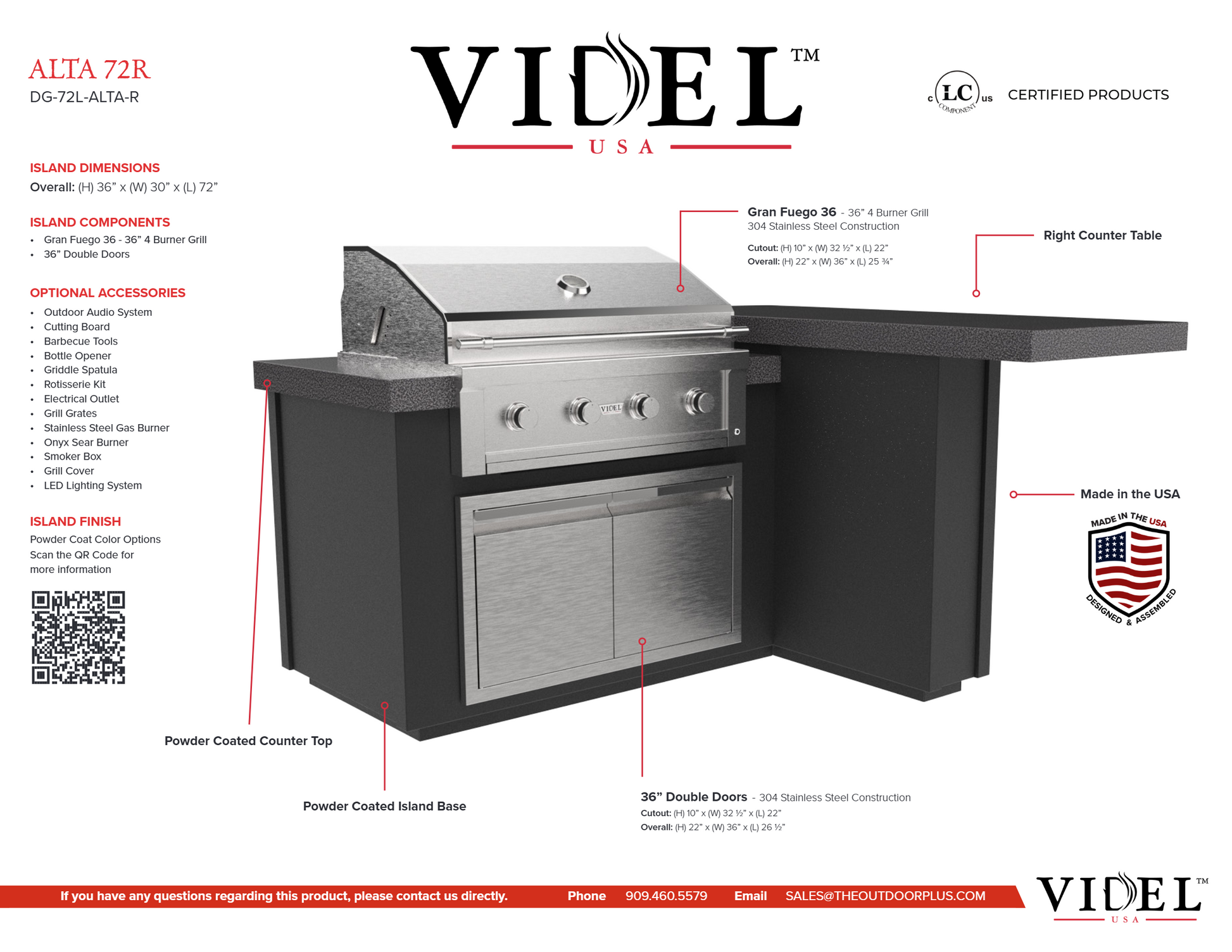 Videl 6-Ft Alta L-Shaped Outdoor Kitchen Island with Gran Fuego 36-Inch 4-Burner Gas Grill and doble doors