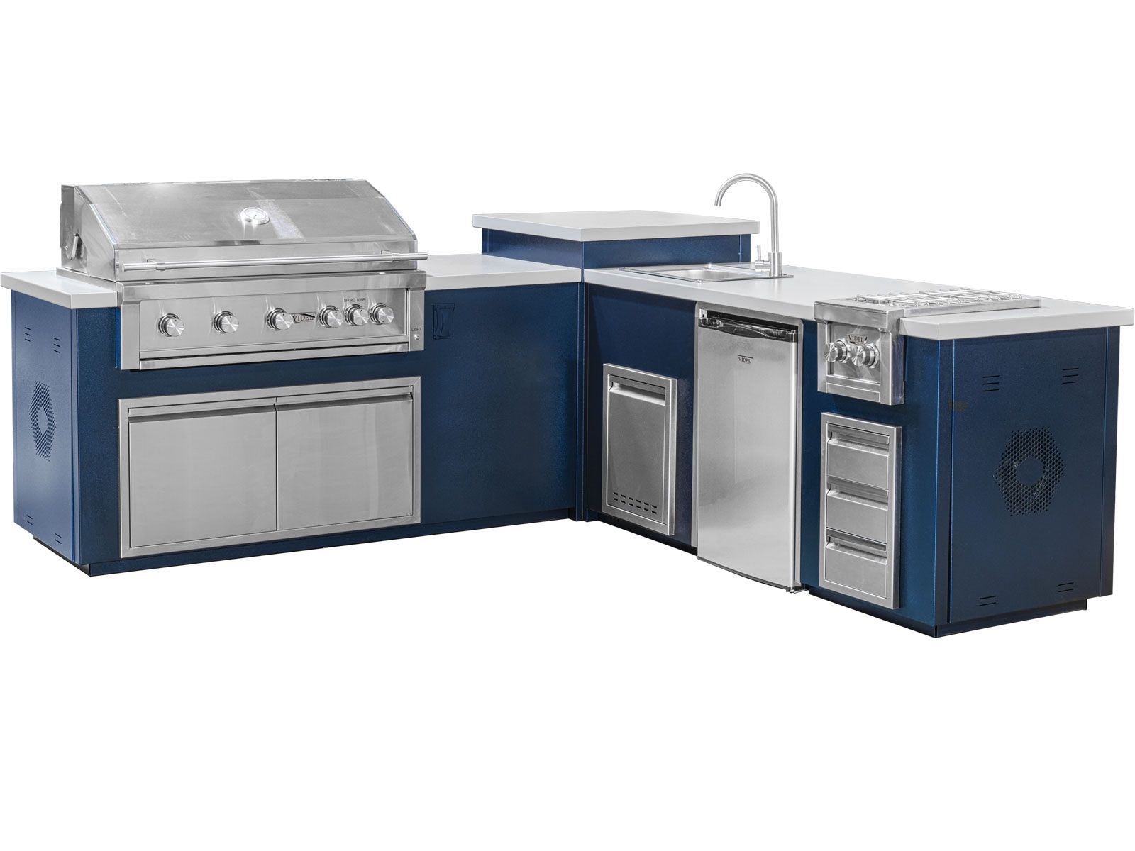 Videl 9 1/3-Ft Maestro L-Shaped Outdoor Kitchen Island with Gran Fuego 42-Inch 5-Burner Gas Grill, Double Side Burner, 4.5 Cu. Ft. Refrigerator, Sink and LED & Outdoor Audio System