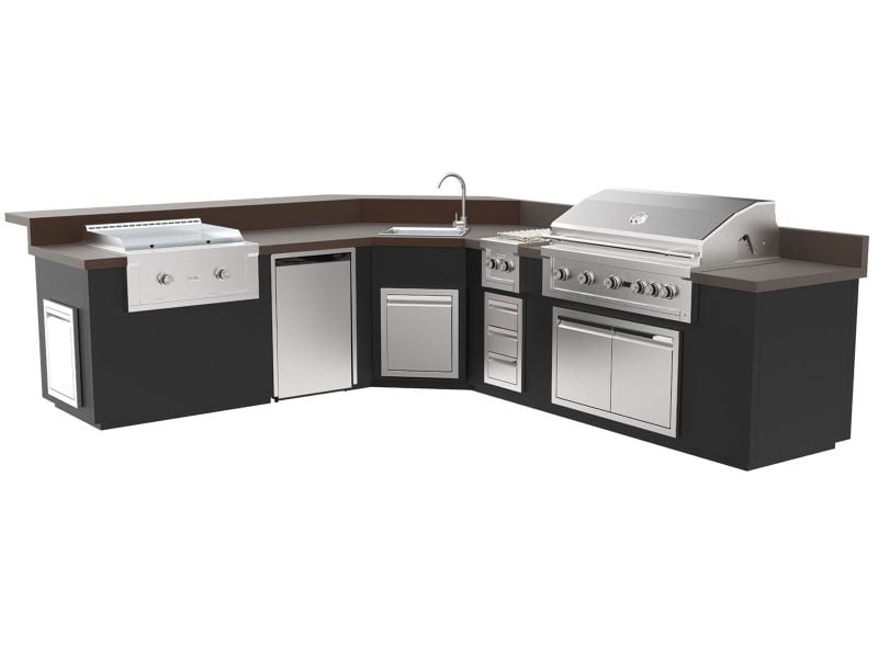 Videl 12-Ft Maestro L-Shaped Outdoor Kitchen Island with Gran Fuego 42-Inch 5-Burner Gas Grill, 30-Inch Gran Plancha Griddle, Double Side Burner, 4.5 Cu. Ft. Refrigerator and Sink