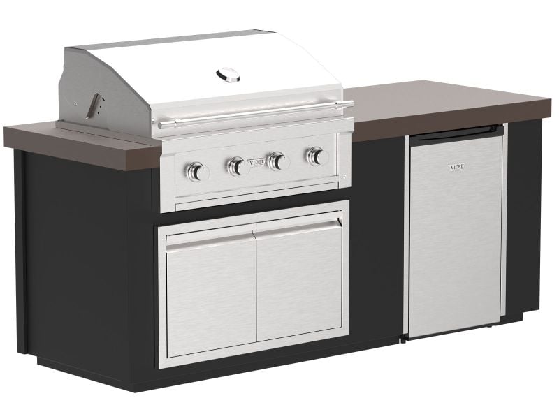 Videl 7-Ft Alta Outdoor Kitchen Island with Gran Fuego 36-Inch 4-Burner Gas Grill and 4.5 Cu. Ft. Refrigerator