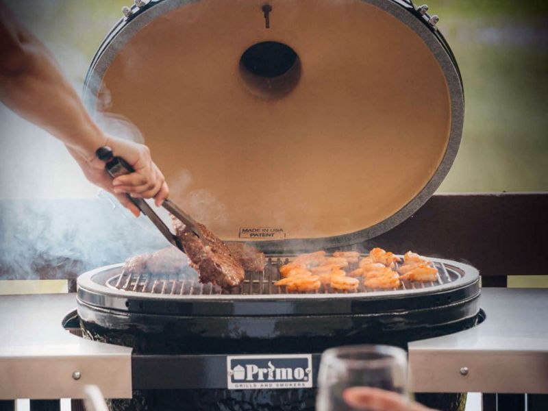 Primo Oval XL 400 Ceramic Kamado Grill On Curved Cypress Table (PGCXLH+PG00600)
