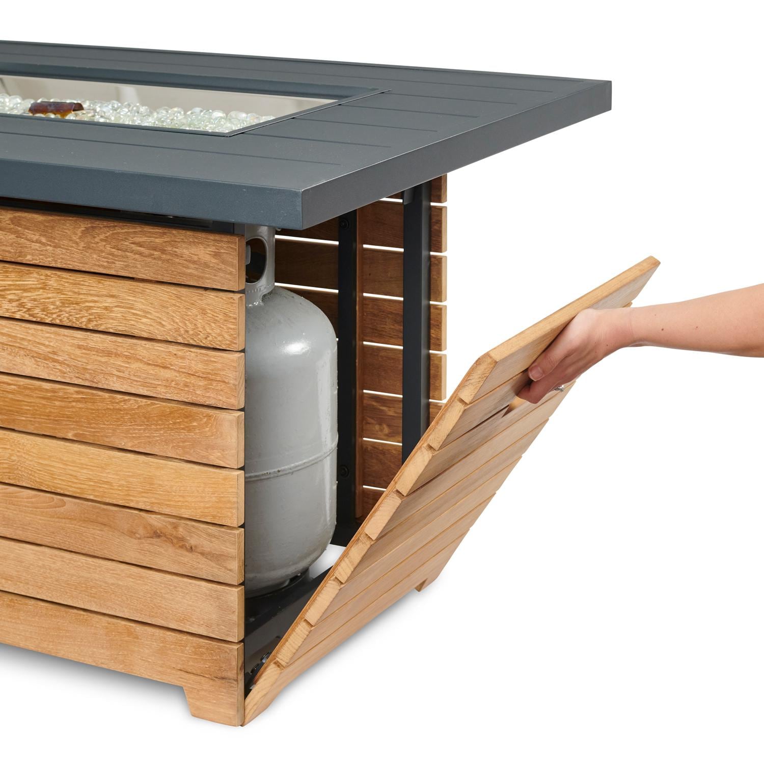 Darien 42-Inch Rectangular Teak Natural Gas Fire Pit Table in Gray