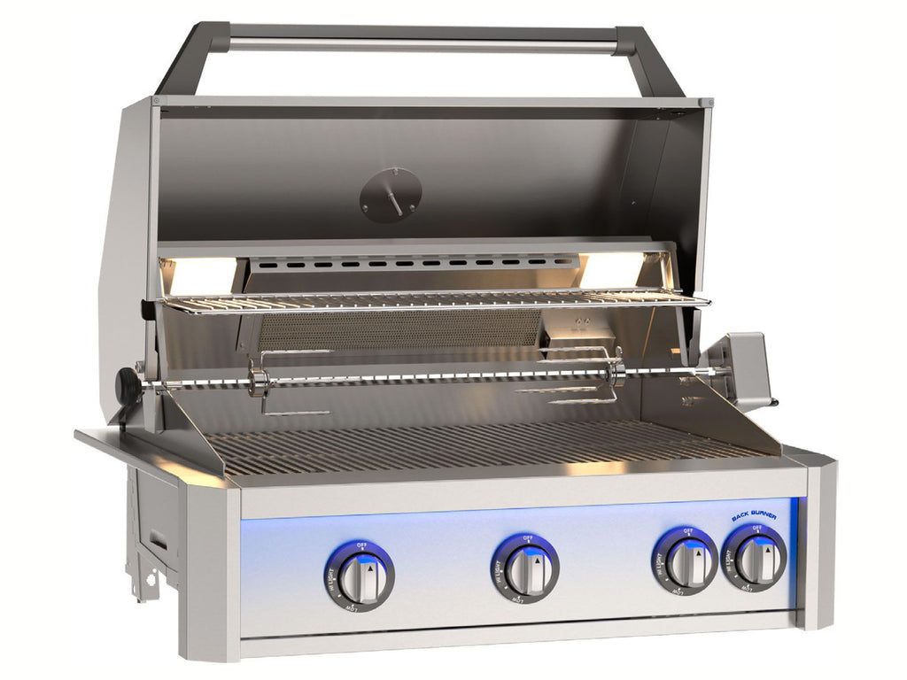 American Outdoor Grill L-Series 24-Inch 2-Burner Gas Grill With Rear IR Burner, Rotisserie Kit, Internal Lights & LED Multi-Color Lights on In-Ground Post Base