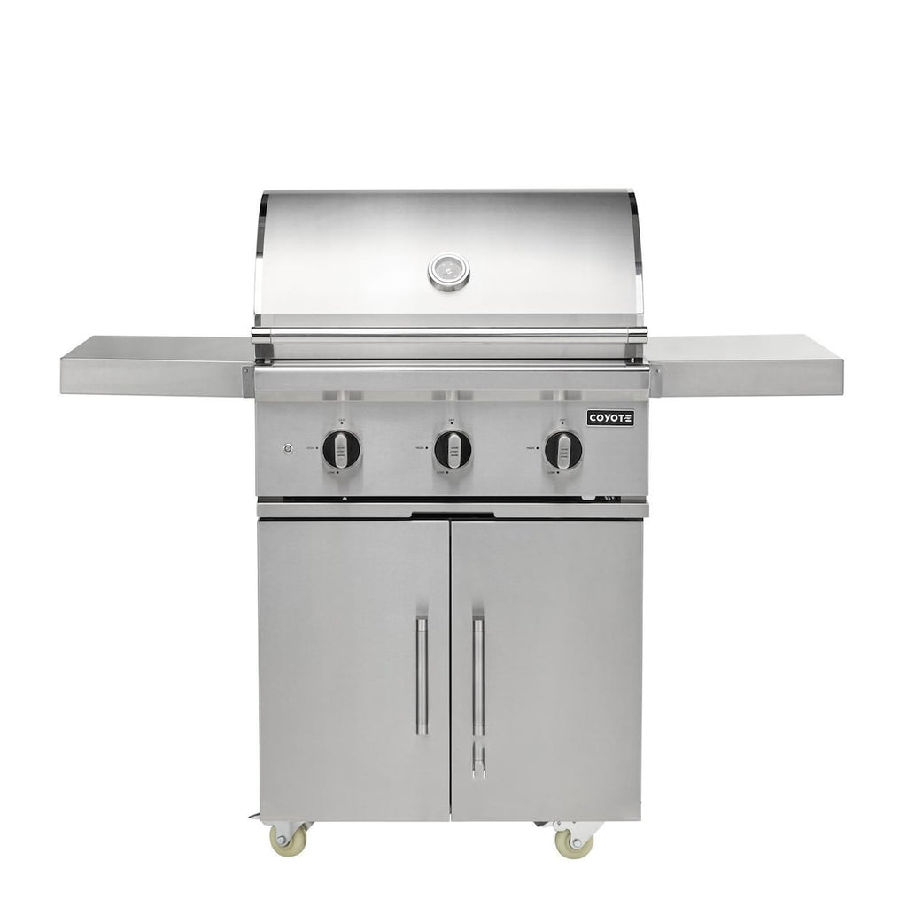 coyote sl-series 30-inch 3-burner Freestanding gas grill with ceramic briquettes, sear burner, infrared rear burner & rotisserie kit