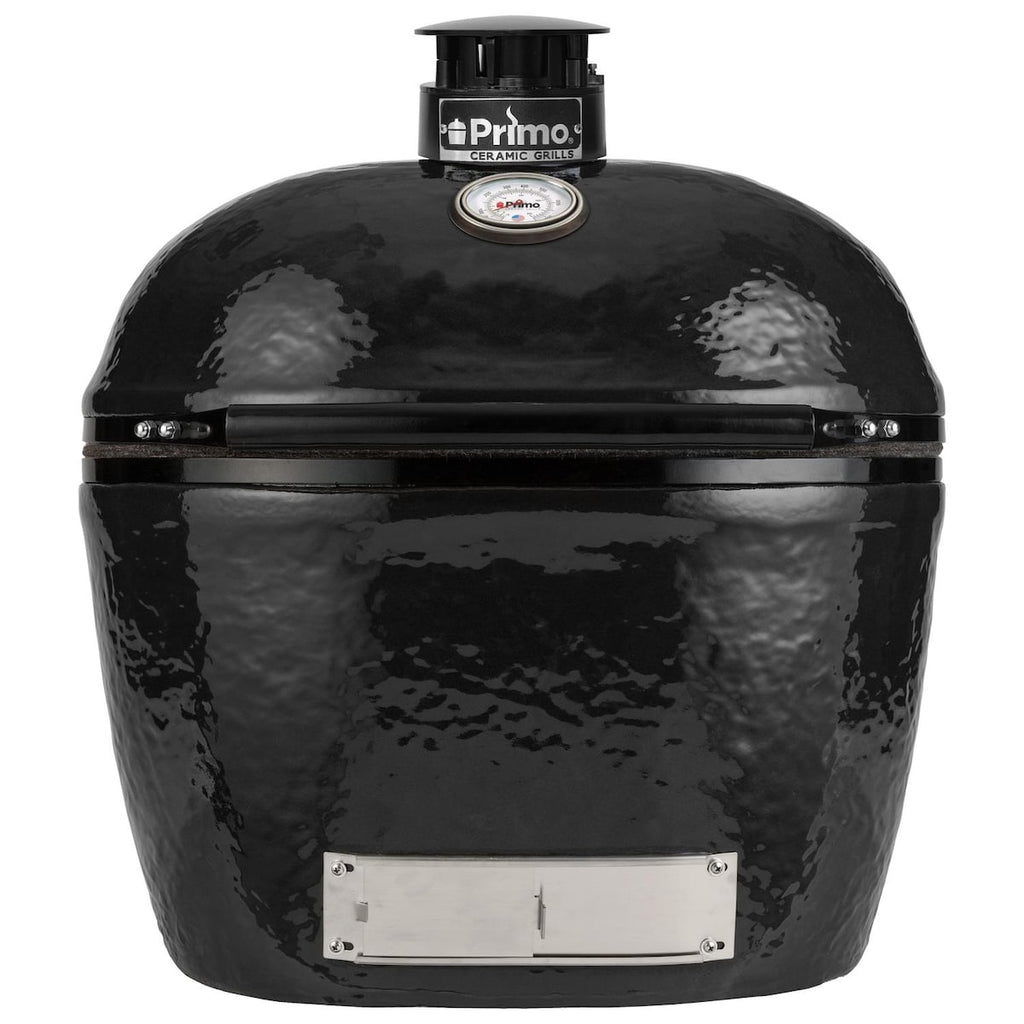 Primo Oval XL Ceramic Kamado Grill On Steel Cart With Side Shelves And Stainless Steel Grates