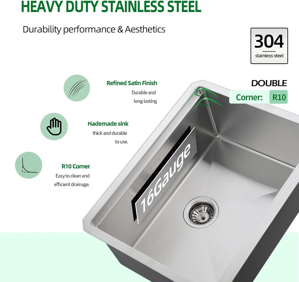 Signature Undermount Kitchen Sink, 24 x 19 Inch Sink Kitchen 16 Gauge Stainless Steel Kitchen Sinks Single Bowl Workstation Sink with Cutting Board