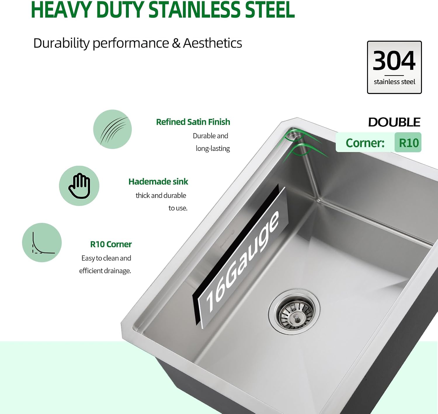 Signature Undermount Kitchen Sink, 24 x 19 Inch Sink Kitchen 16 Gauge Stainless Steel Kitchen Sinks Single Bowl Workstation Sink with Cutting Board