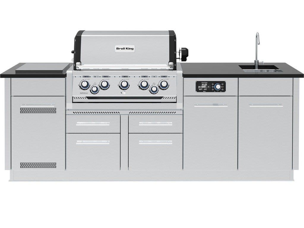 Broil King 10 1/2-Foot Outdoor Kitchen Island with Imperial QS 590i 5-Burner Gas Grill, Rotisserie, Side Burner, Sink, Refrigerator & iQue™ Technology Control