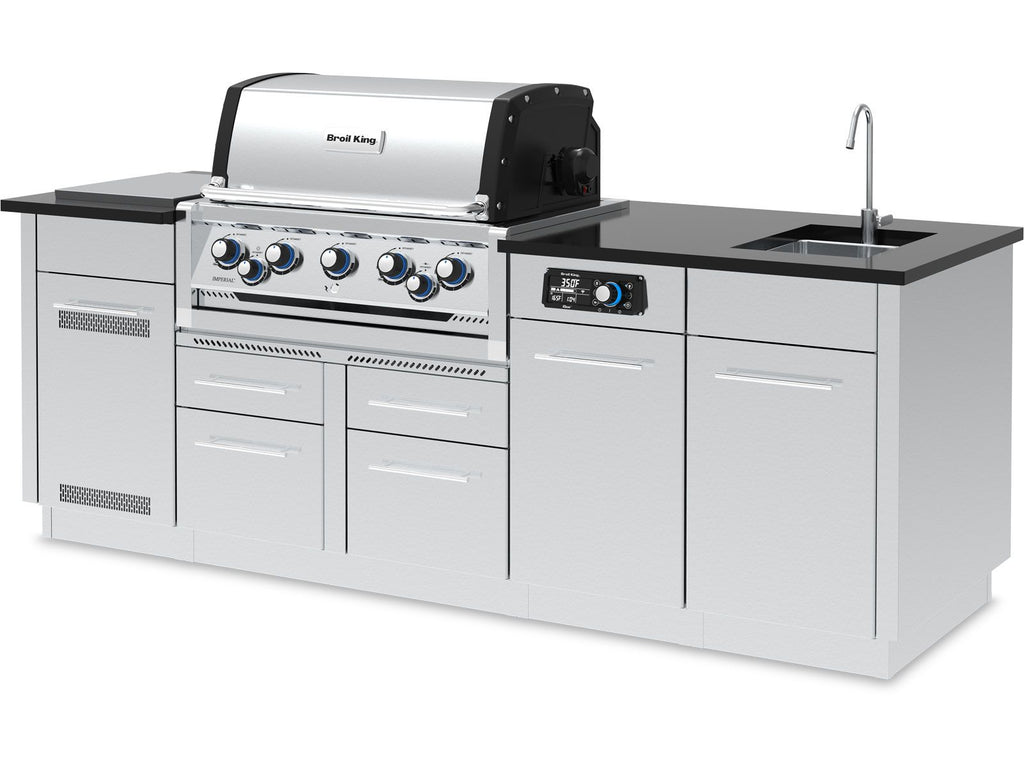 Broil King 8-Foot Outdoor Kitchen Island with Imperial QS 590i 5-Burner Gas Grill, Rotisserie, Side Burner, Sink & iQue™ Technology Control