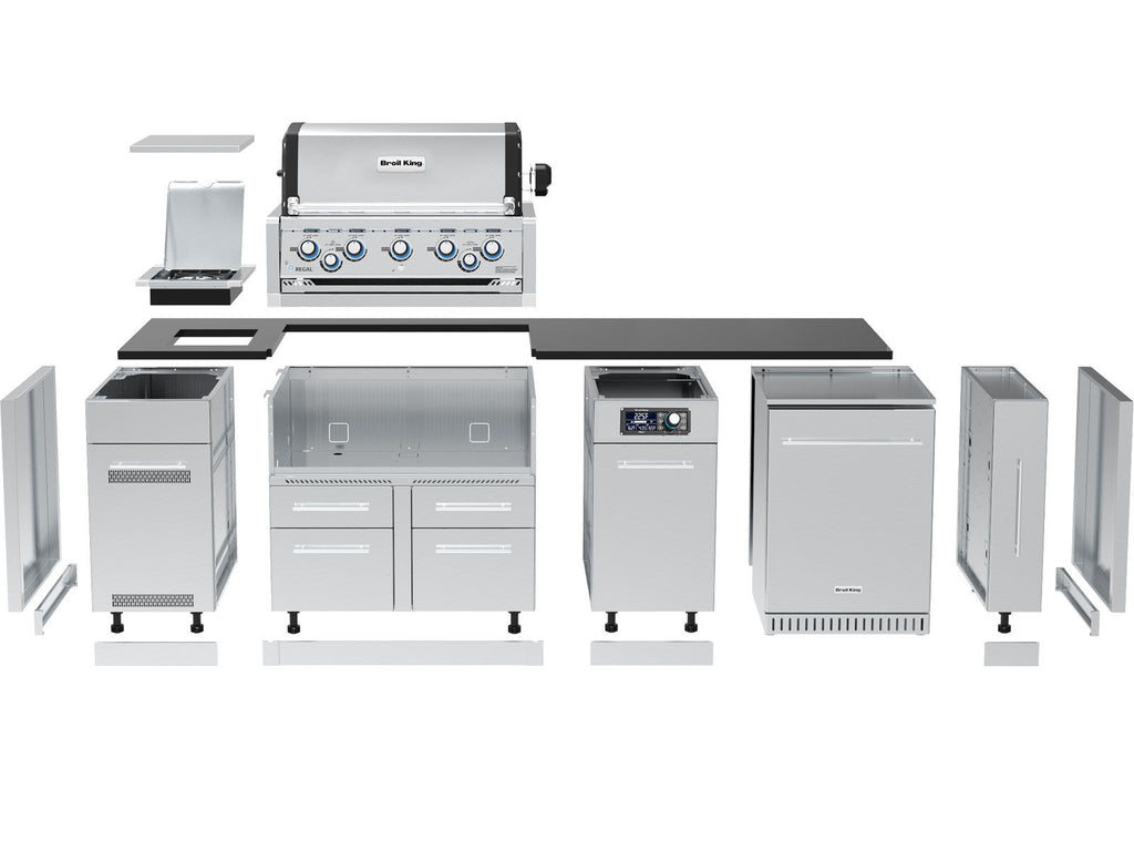 Broil King 9-Foot Outdoor Kitchen Island with Imperial QS 590i 5-Burner Gas Grill, Rotisserie, Side Burner, Refrigerator & iQue™ Technology Control