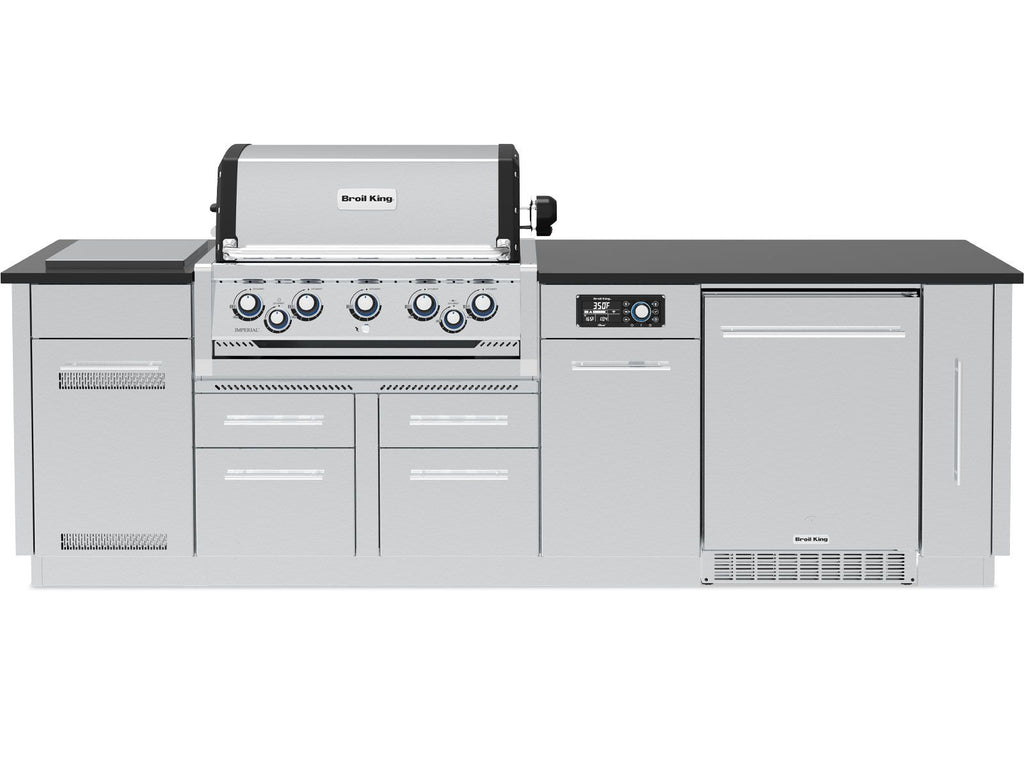 Broil King 9-Foot Outdoor Kitchen Island with Imperial QS 590i 5-Burner Gas Grill, Rotisserie, Side Burner, Refrigerator & iQue™ Technology Control