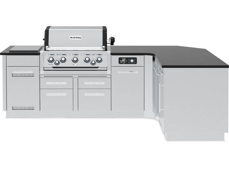 Broil King 111 x 70-Inch Outdoor Kitchen Island with Imperial QS 590i 5-Burner Gas Grill, Rotisserie, Side Burner, Refrigerator & iQue™ Technology Control