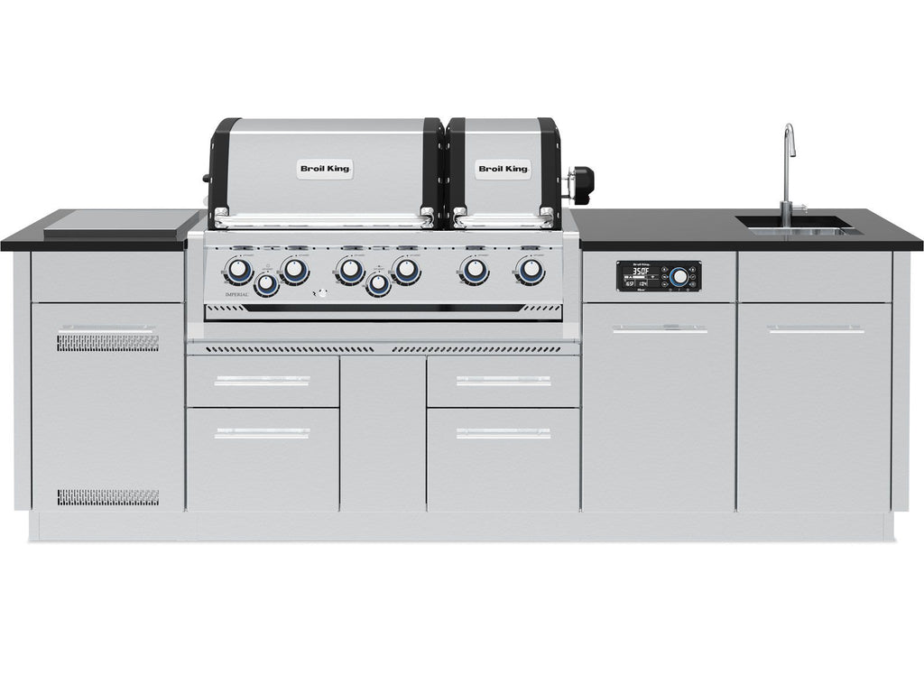 Broil King 8 1/2-Foot Outdoor Kitchen Island with Imperial QS 690i 6-Burner Gas Grill, Rotisserie, Side Burner, Sink & iQue™ Technology Control (Left Orientation)