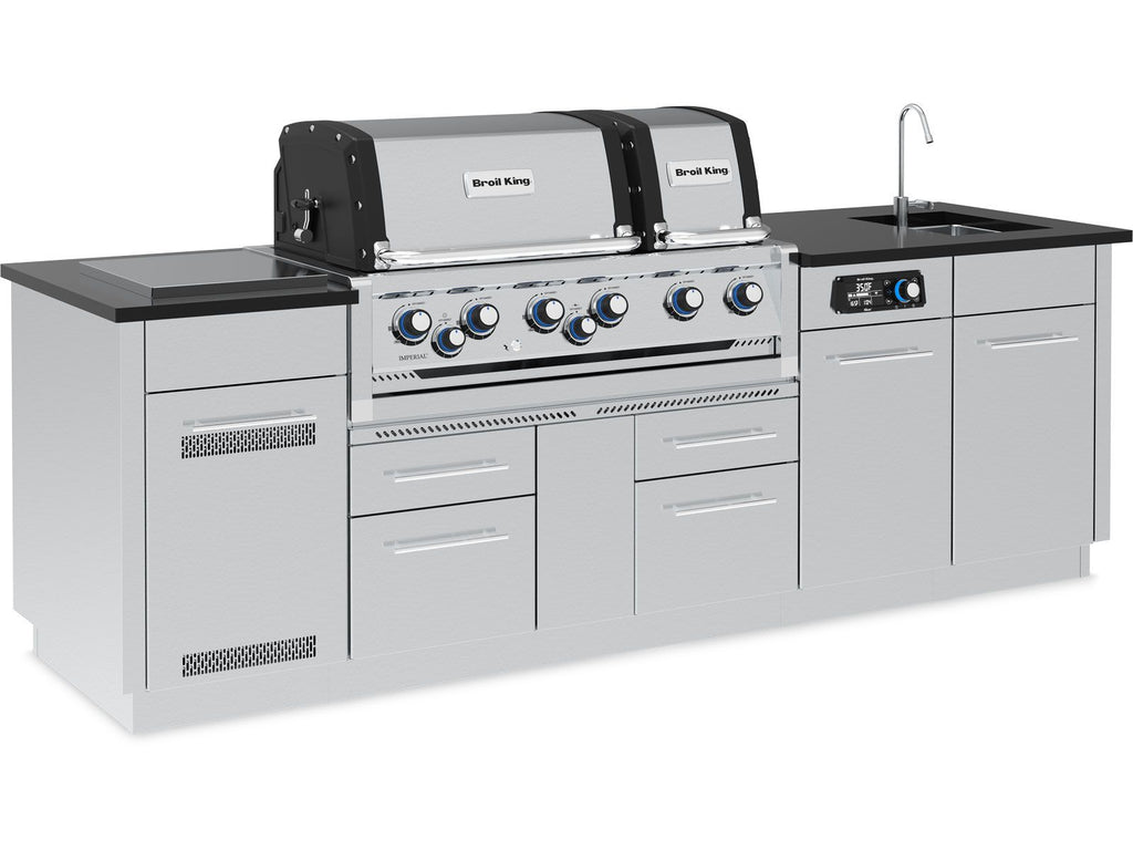 Broil King 8 1/2-Foot Outdoor Kitchen Island with Imperial QS 690i 6-Burner Gas Grill, Rotisserie, Side Burner, Sink & iQue™ Technology Control (Left Orientation)