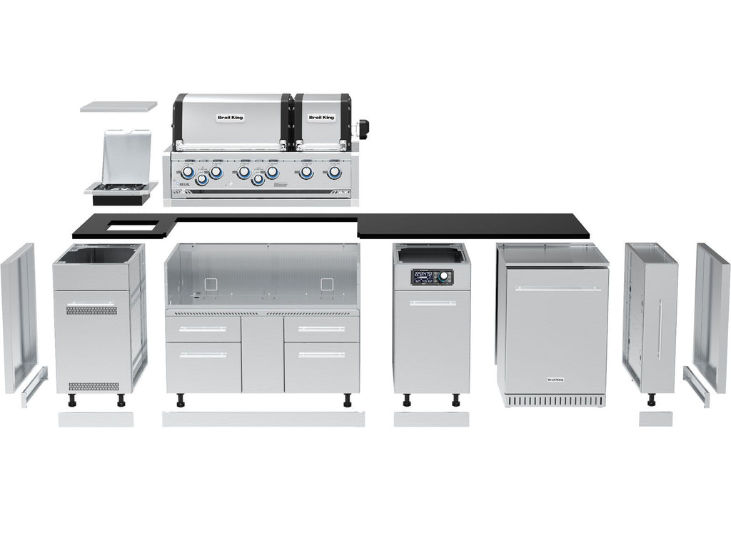 Broil King 9 3/4-Foot Outdoor Kitchen Island with Imperial QS 690i 6-Burner Gas Grill, Rotisserie, Side Burner, Refrigerator & iQue™ Technology Control