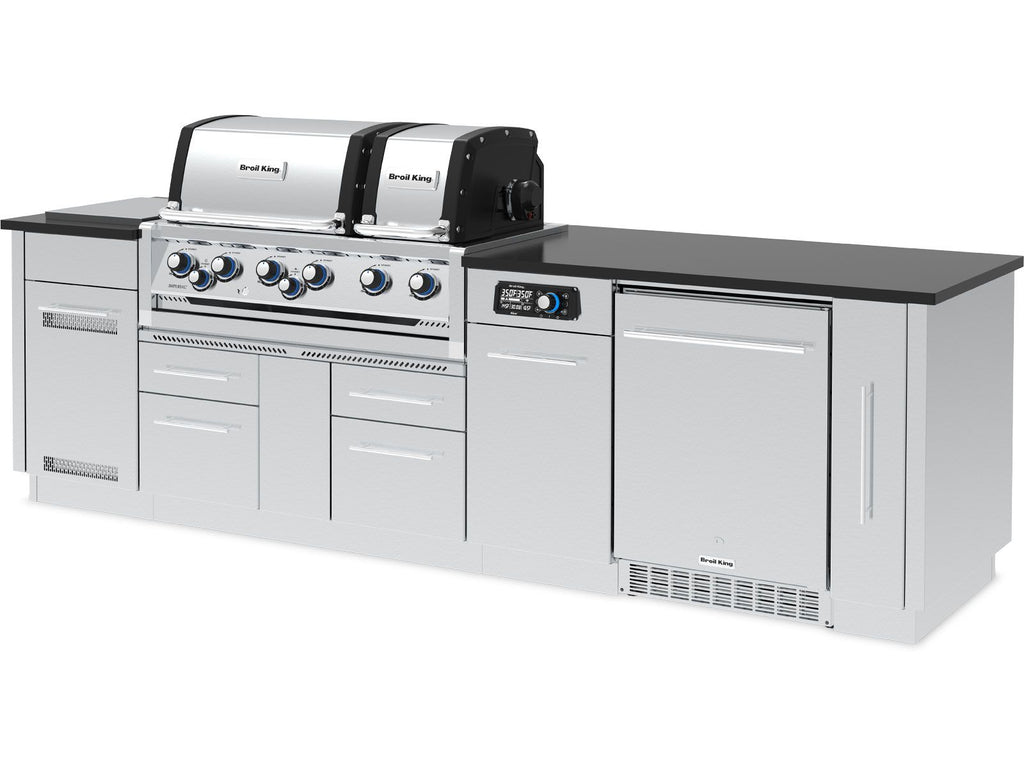 Broil King 9 3/4-Foot Outdoor Kitchen Island with Imperial QS 690i 6-Burner Gas Grill, Rotisserie, Side Burner, Refrigerator & iQue™ Technology Control