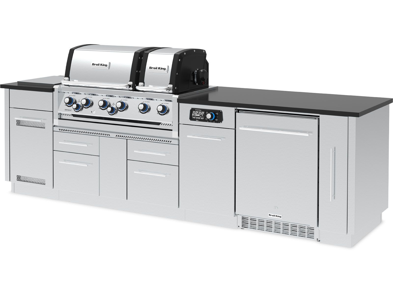 Broil King 9 3/4-Foot Outdoor Kitchen Island with Imperial QS 690i 6-Burner Gas Grill, Rotisserie, Side Burner, Refrigerator & iQue™ Technology Control