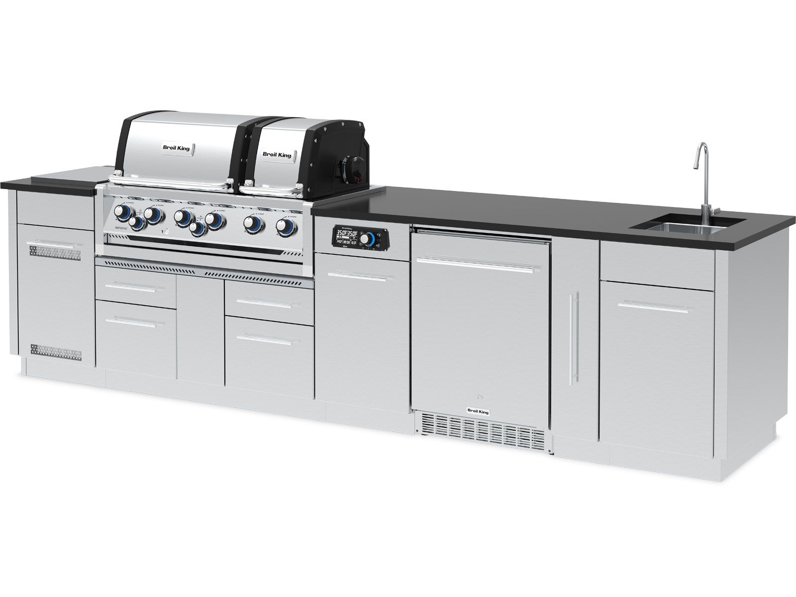 Broil King 11-Foot Outdoor Kitchen Island with Imperial QS 690i 6-Burner Gas Grill, Rotisserie, Side Burner, Sink, Refrigerator & iQue™ Technology Control