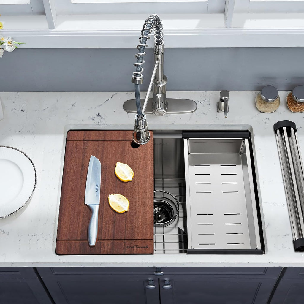 Signature Undermount Kitchen Sink, 24 x 19 Inch Sink Kitchen 16 Gauge Stainless Steel Kitchen Sinks Single Bowl Workstation Sink with Cutting Board