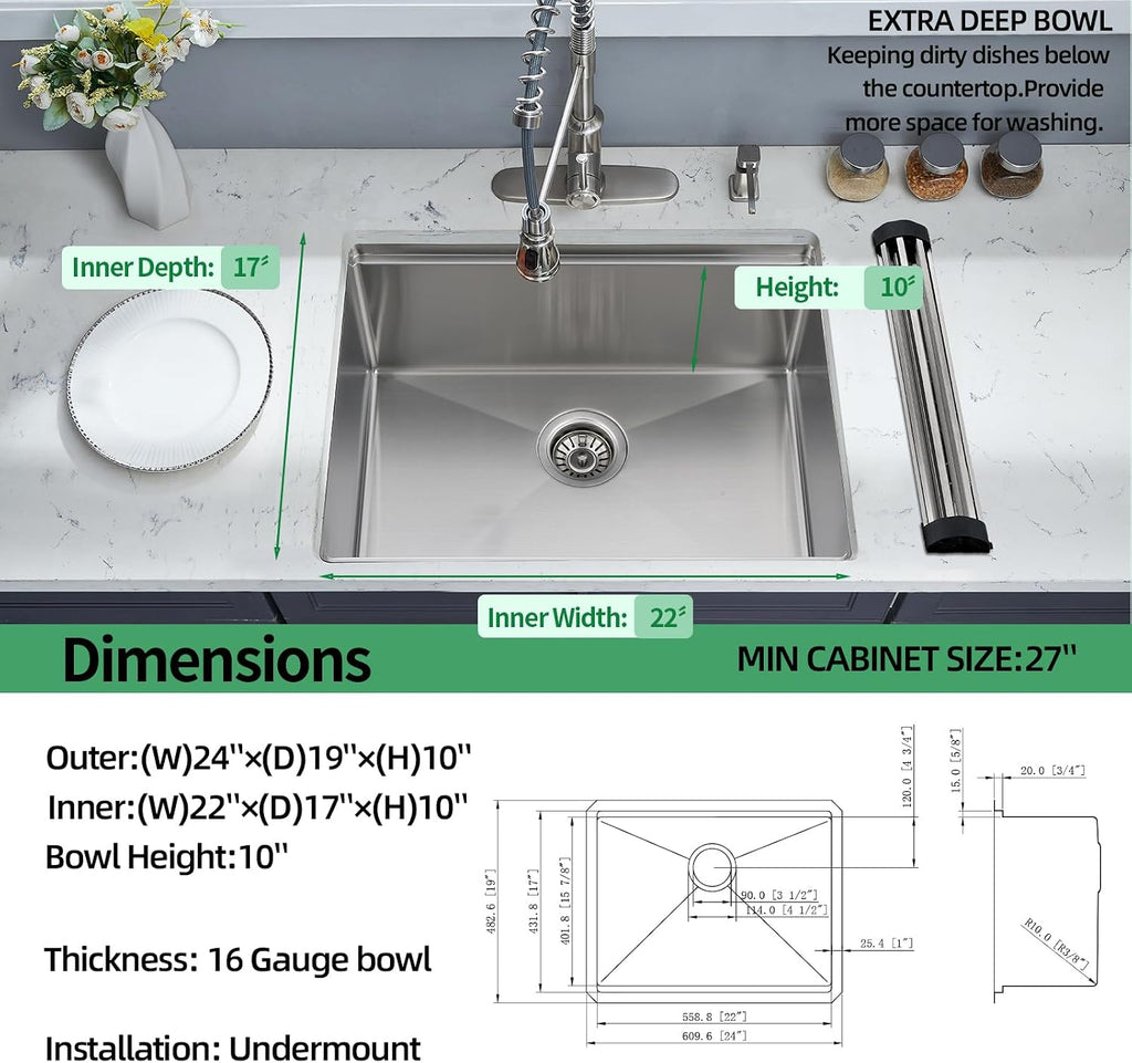 Signature Undermount Kitchen Sink, 24 x 19 Inch Sink Kitchen 16 Gauge Stainless Steel Kitchen Sinks Single Bowl Workstation Sink with Cutting Board