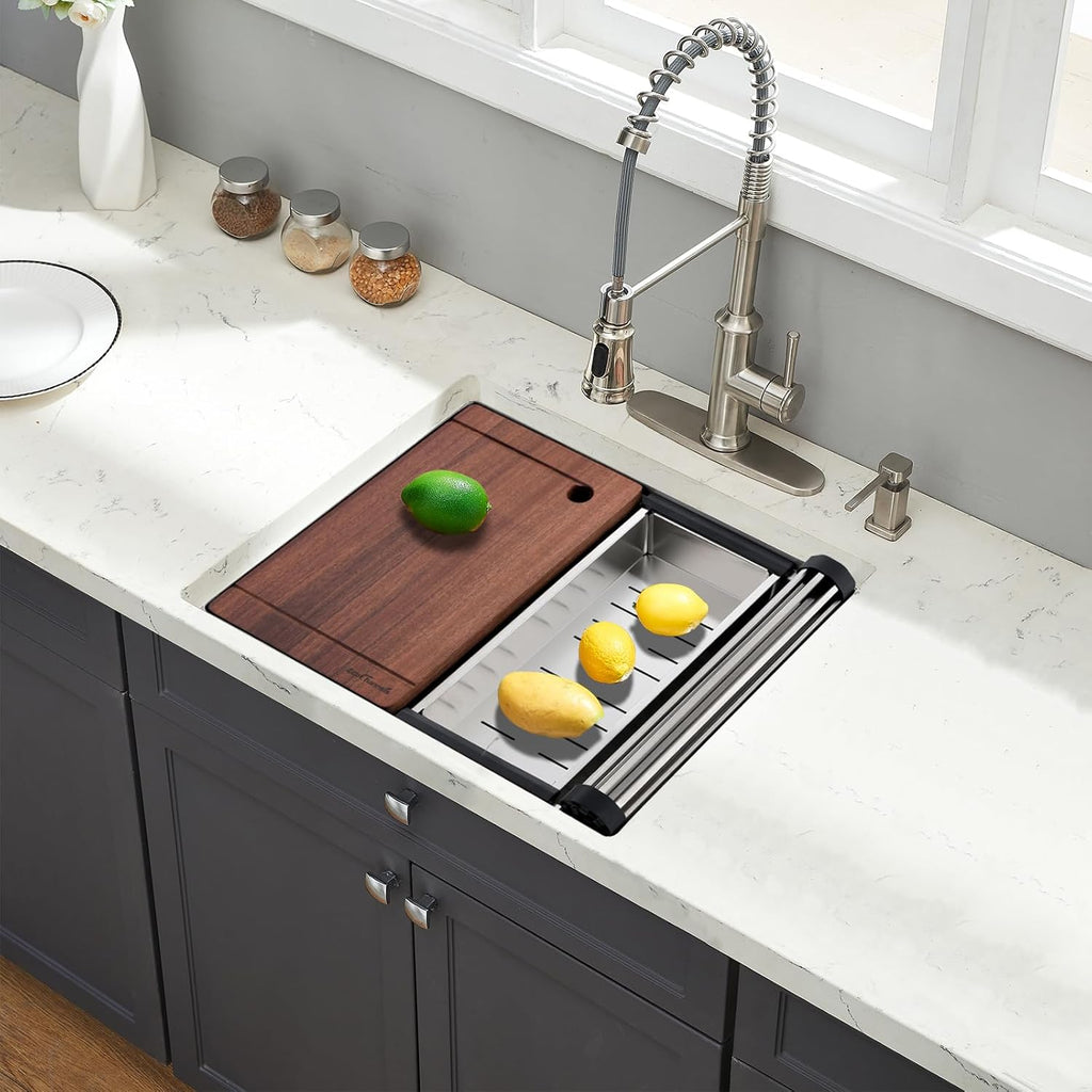 Signature Undermount Kitchen Sink, 24 x 19 Inch Sink Kitchen 16 Gauge Stainless Steel Kitchen Sinks Single Bowl Workstation Sink with Cutting Board