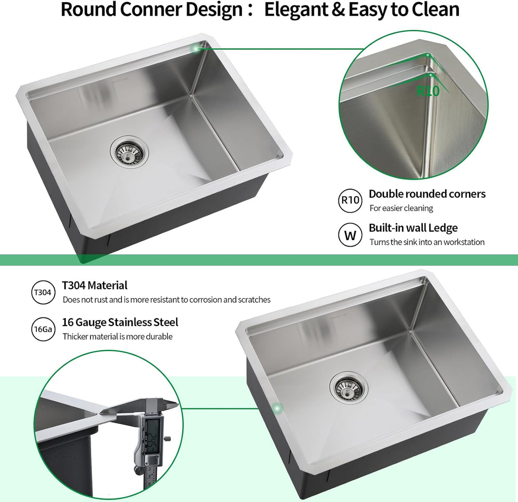 Signature Undermount Kitchen Sink, 24 x 19 Inch Sink Kitchen 16 Gauge Stainless Steel Kitchen Sinks Single Bowl Workstation Sink with Cutting Board