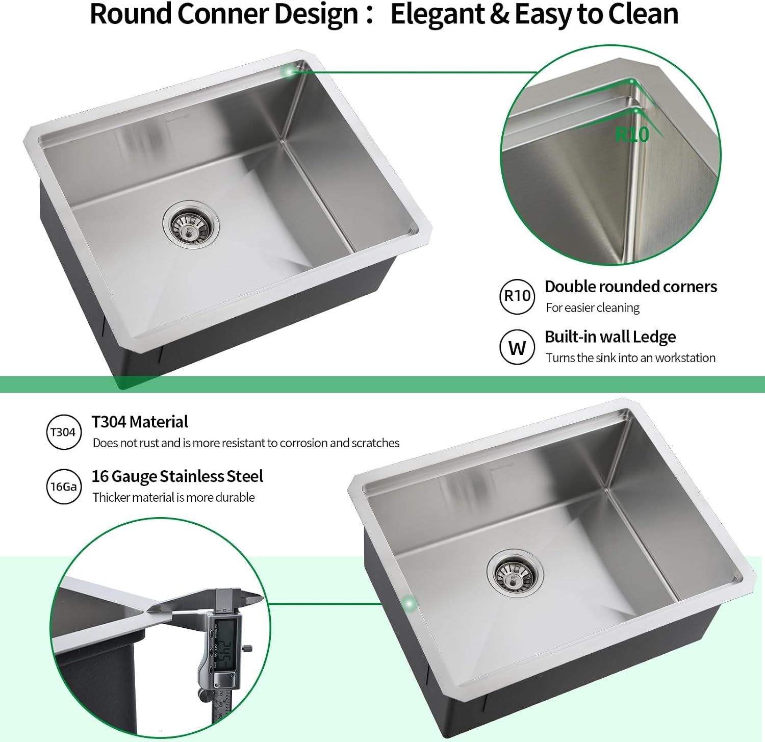 Signature Undermount Kitchen Sink, 24 x 19 Inch Sink Kitchen 16 Gauge Stainless Steel Kitchen Sinks Single Bowl Workstation Sink with Cutting Board