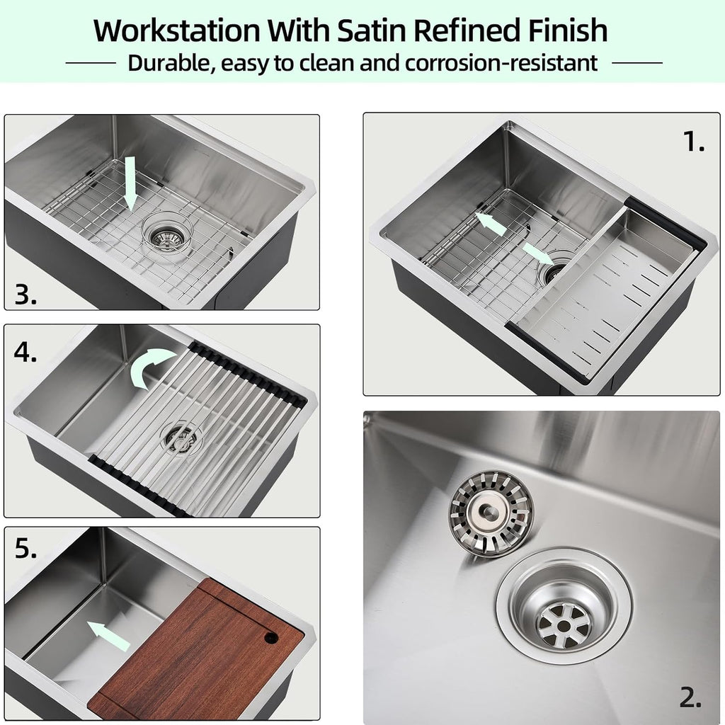 Signature Undermount Kitchen Sink, 24 x 19 Inch Sink Kitchen 16 Gauge Stainless Steel Kitchen Sinks Single Bowl Workstation Sink with Cutting Board