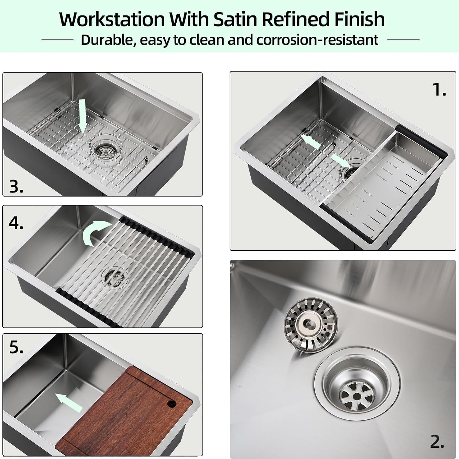 Signature Undermount Kitchen Sink, 24 x 19 Inch Sink Kitchen 16 Gauge Stainless Steel Kitchen Sinks Single Bowl Workstation Sink with Cutting Board