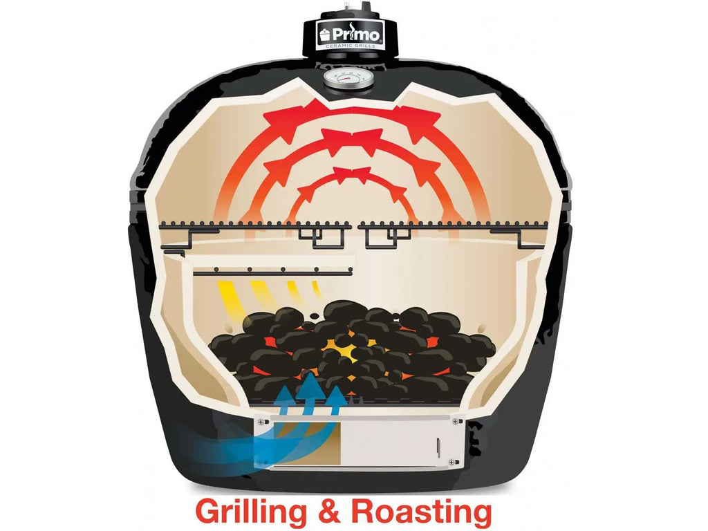 Primo Oval Junior Ceramic Kamado Charcoal Grill On Steel Cart With Side Shelves