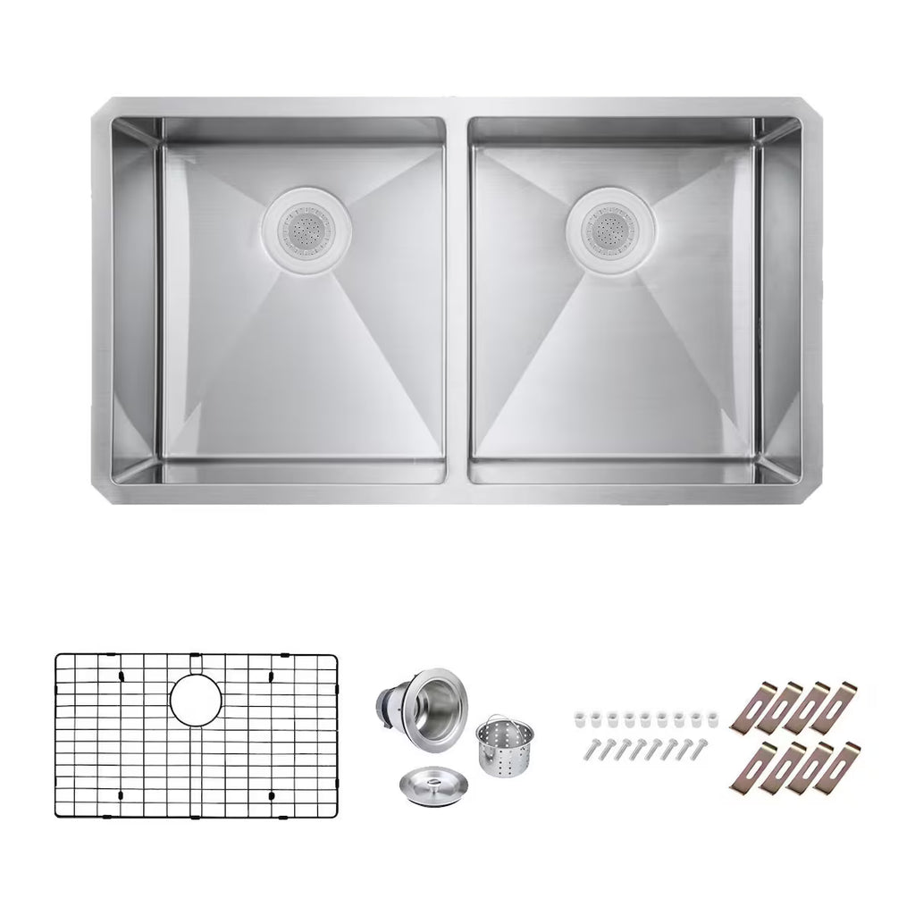 Undermount Stainless Steel 33-Inch Double Bowl Sink W/Grids and Strainers