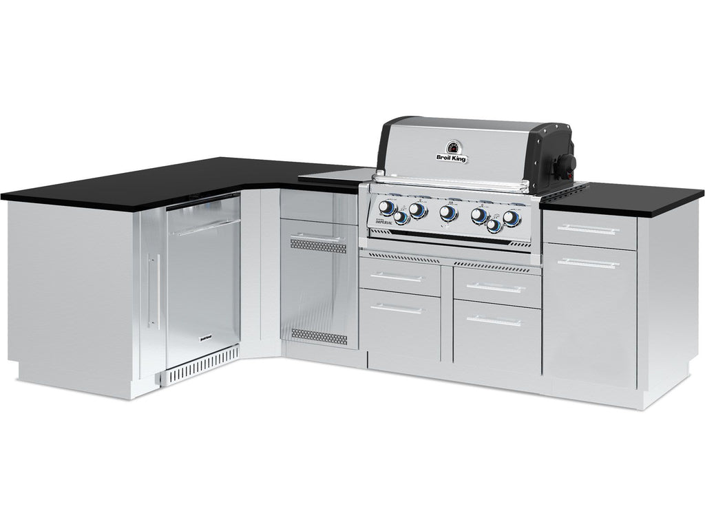 Broil King 70 x 111-Inch Outdoor Kitchen Island with Imperial S 590i 5-Burner Gas Grill, Rotisserie, Side Burner & Refrigerator