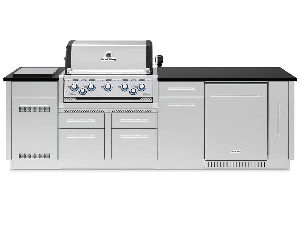 Broil King 9-Foot Outdoor Kitchen Island with Imperial S 590i 5-Burner Gas Grill, Rotisserie, Side Burner & Refrigerator